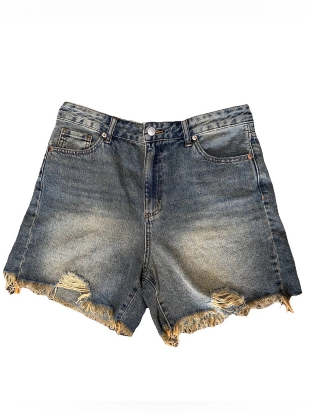 S.O.N.G. High Waisted Denim Shorts 9/29 Blue Distressed Raw Hem Cotton Festival